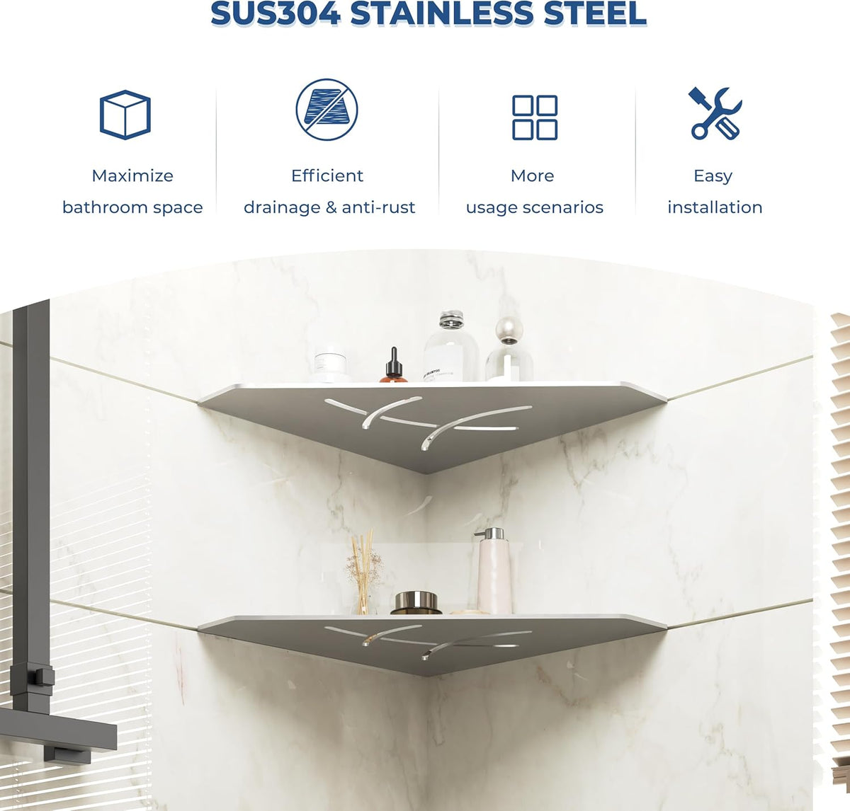 2-Pack 10" Brushed Nickel Recessed Corner Shower Shelf, for Tiled