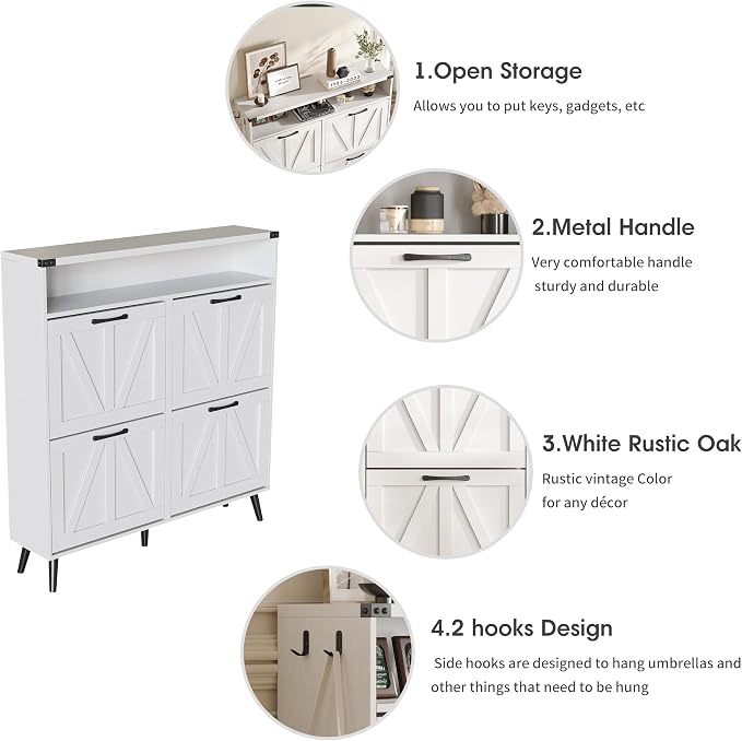 Shoe Cabinet with 4 Flip Drawers, Farmhouse Shoe Storage Cabinet - Image 3