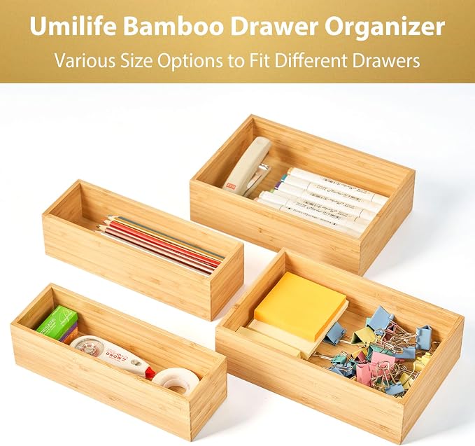 Umilife Bamboo Kitchen Drawer Organizer, Extra High Silverware Tray, Flatware - Image 4