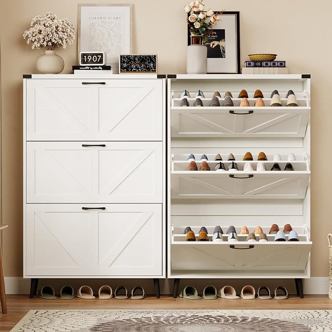 Shoe Cabinet with 3 Flip Drawers, Farmhouse Shoe Organizer Cabinet with Legs - Image 7
