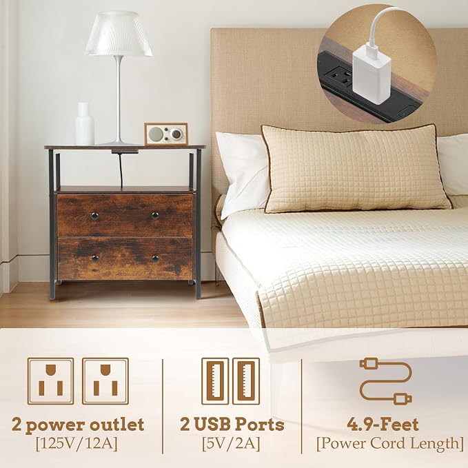 27 inch Wide Night Stand with Charging Station, Bedside Table with Open Shelf - Image 5