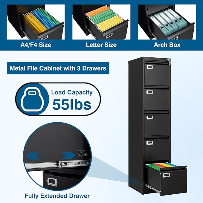 5-Drawer File Cabinet, 16.3" Deep Vertical Metal Filing Cabinet - Image 4