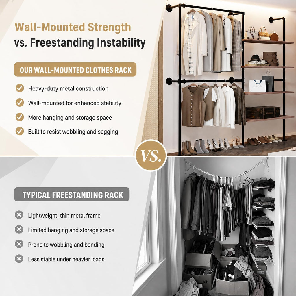 Wall Mounted Clothing Rack, Heavy Duty Pipe Closet, Pine Shelves