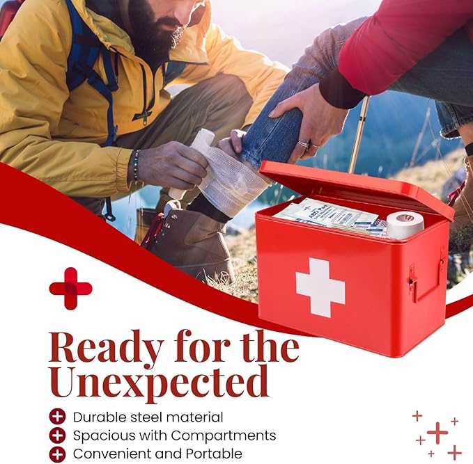 Flexzion First Aid Box Organizer Empty 13" Red Vintage First Aid Kit Tin Metal - Image 4