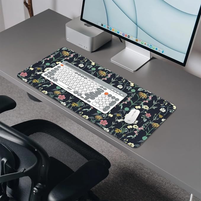 Dark Botanical Flowers Mouse Pad, Extended Black Plant Floral Mousepad Desk Pad - Image 4