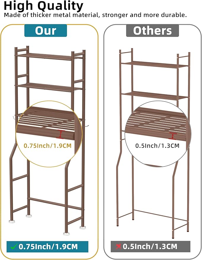 3-Tier Over The Toilet Storage, Freestanding Metal Bathroom Shelves - Image 7