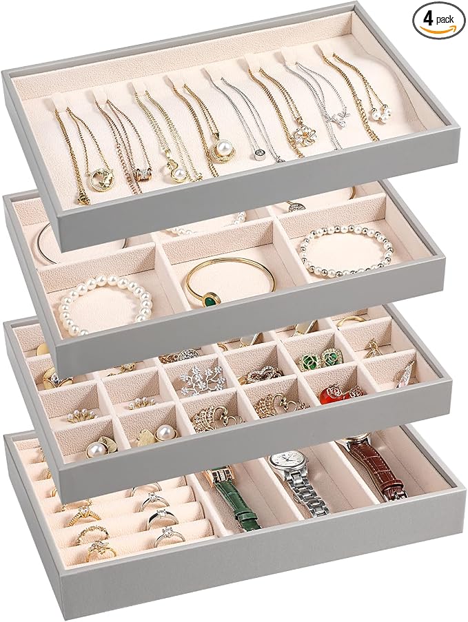 LANDICI Stackable Jewelry Organizer Trays 4 Set, PU Leather Jewelry Organizer by LANDICI