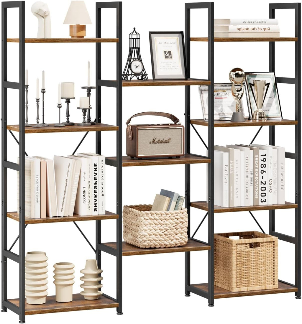 NUMENN Triple Column 4 Tier Bookshelf with 11 Adjustable Shelves