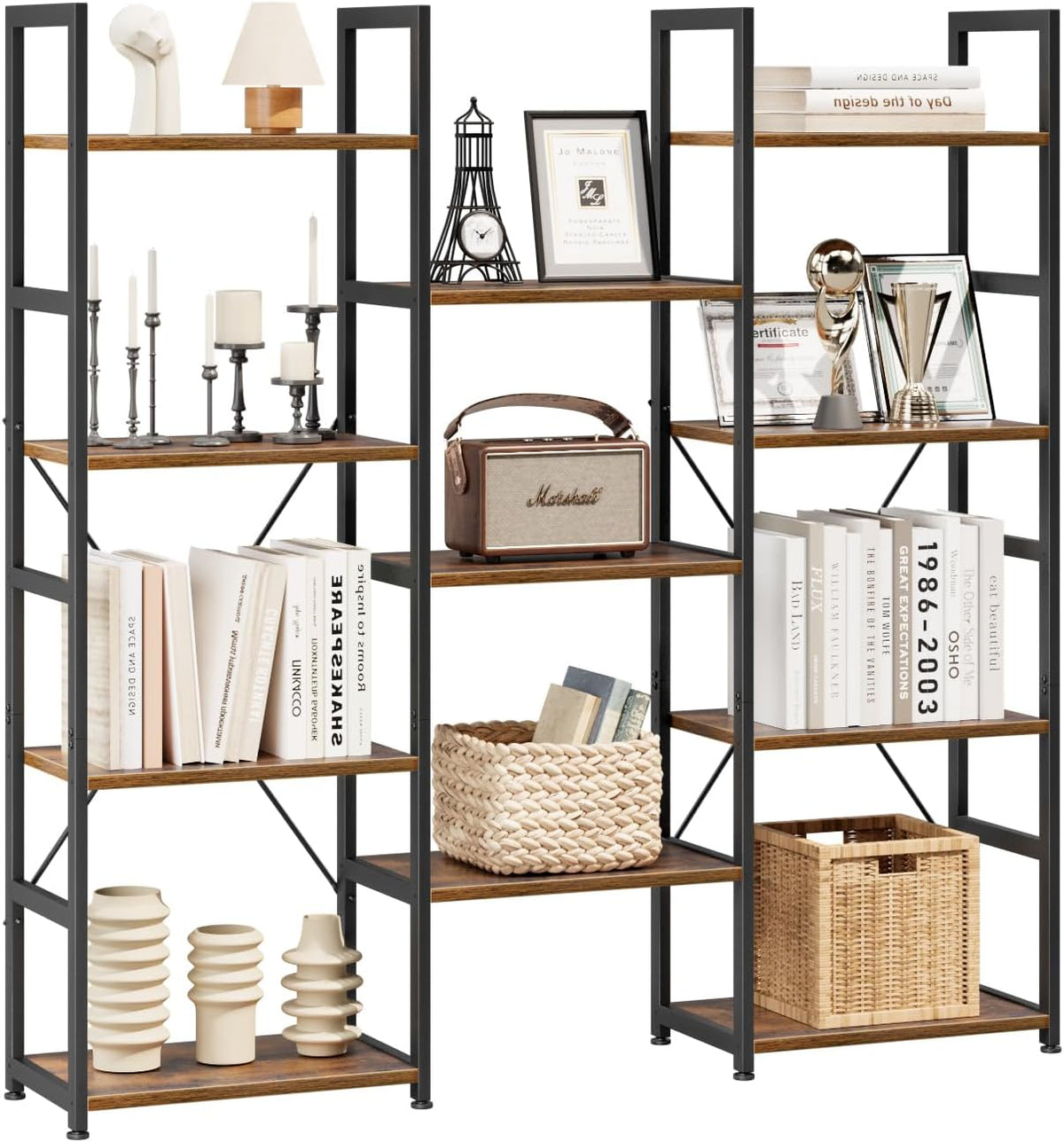 NUMENN Triple Column 4 Tier Bookshelf with 11 Adjustable Shelves