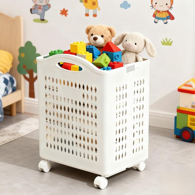 Rolling Laundry Hamper with Wheels White Plastic Storage Bin with Handles - Image 4