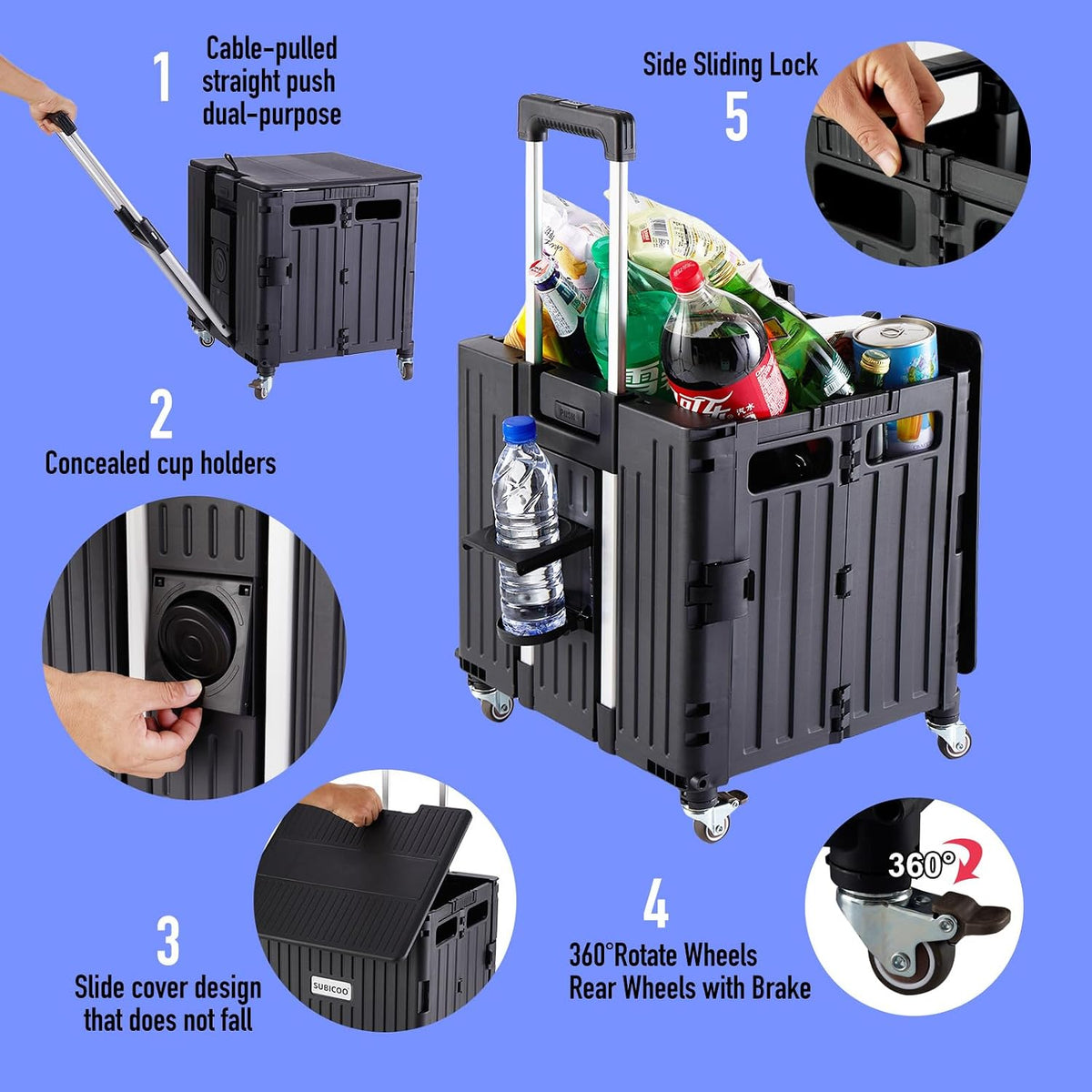 SUBICOO Folding Utility Cart Portable Rolling Crate Handcart Shopping