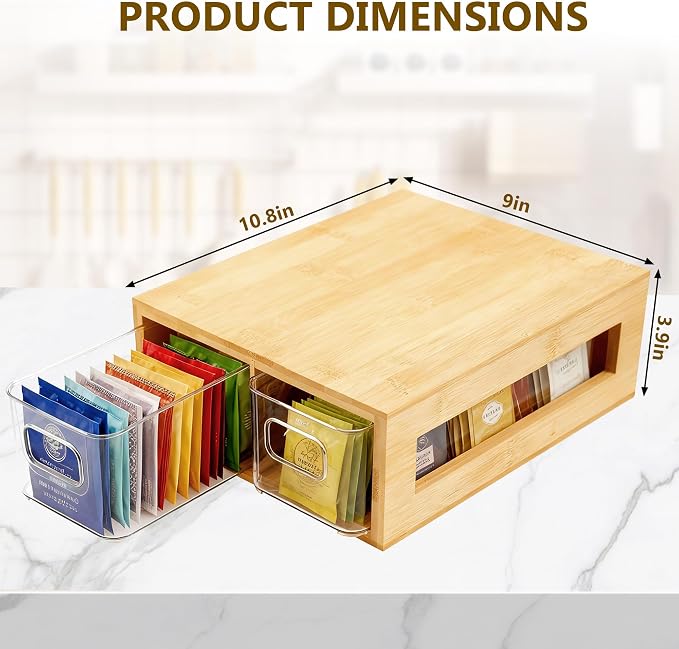 Tea Bag Organizer, Bamboo and Acrylic Drawer Tea Bag Holder Wood Tea Bag Storage - Image 6