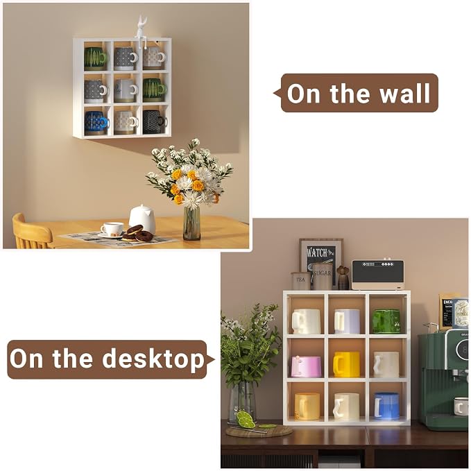 Helsin 9 Grid Vintage Coffee Mug Display Rack, 16inch Wall Mounted Wooden Curio - Image 5