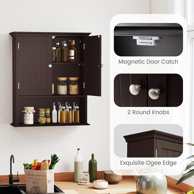 Tangkula Bathroom Wall Cabinet, Wooden Hanging Storage Cabinet - Image 9