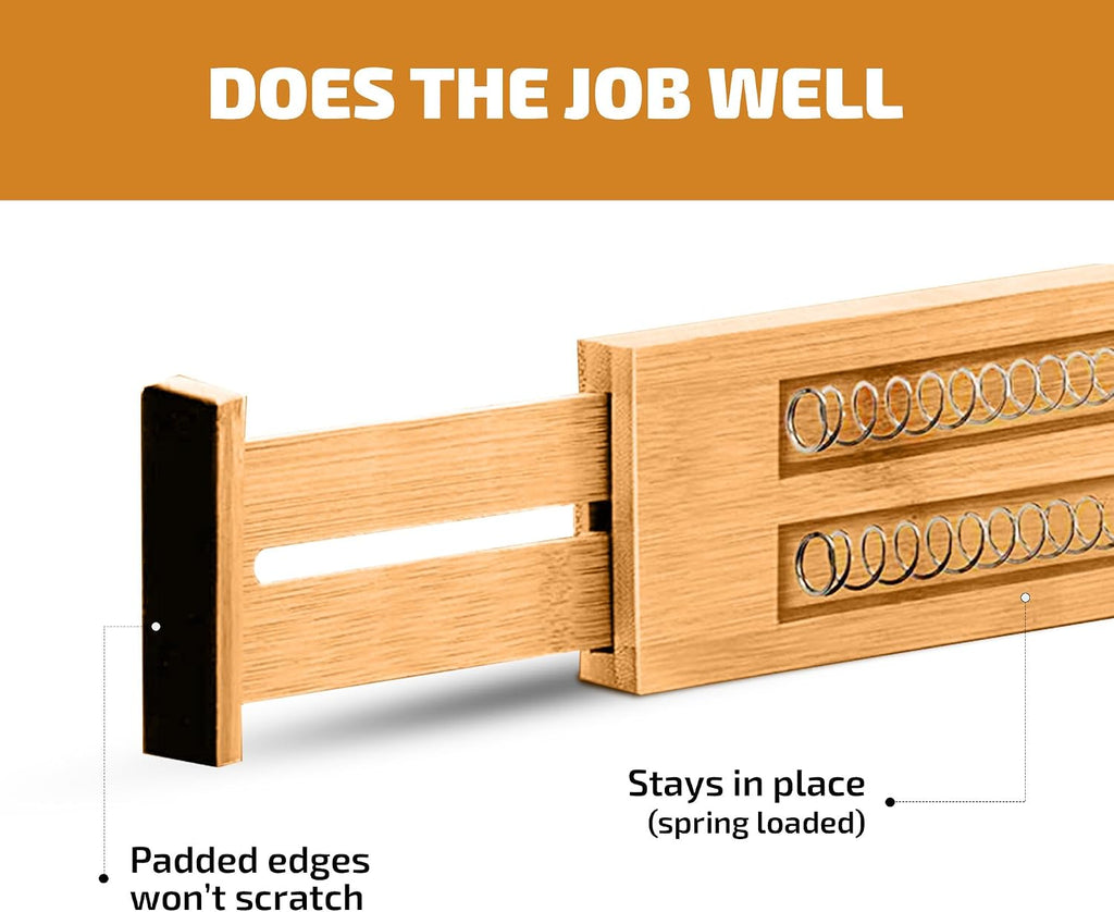 4-Pack Bamboo Drawer Dividers - 2.6 Inches High, Adjustable 12 to