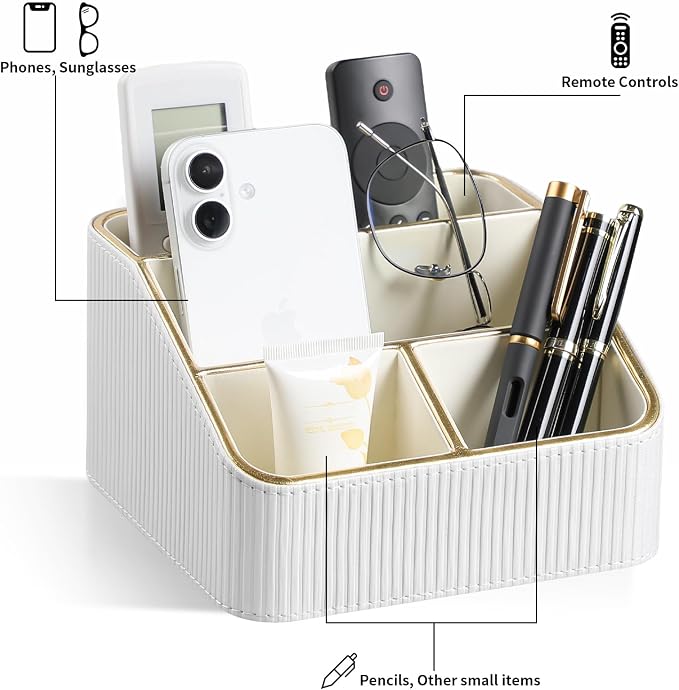 Remote Control Holder with 4 Compartments, PU Leather Small Nightstand Organizer - Image 4