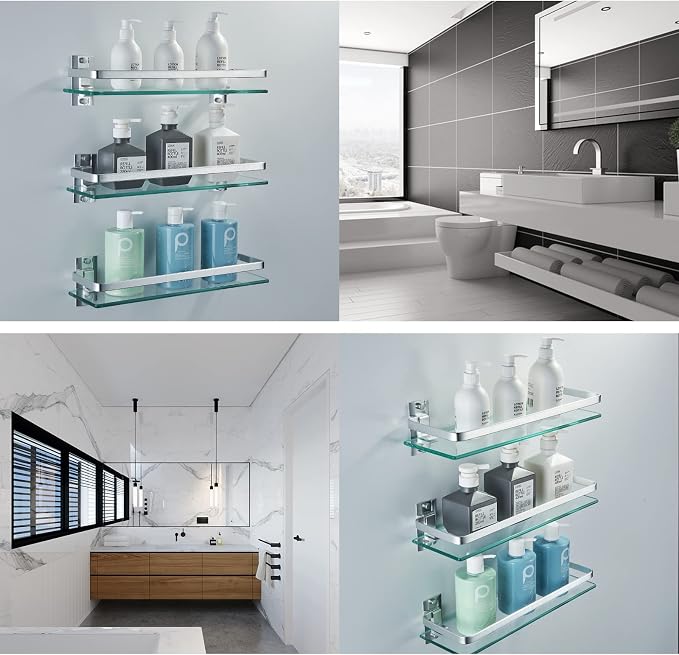 AIJALY 3 Pack Bathroom Glass Shelf, Aluminum Tempered Glass 0.34in Extra Thick - Image 5