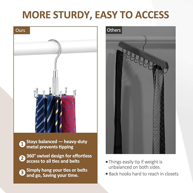 ZEDODIER Tie Hanger for Closet, 2 Pack Rotatable Tie Organizer for Men - Image 4