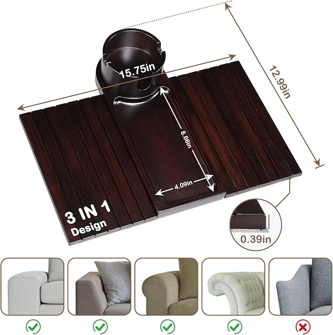 Couch Cup Holder for Thin Armrest Wider Than 4.9'', Bamboo Couch Arm Tray - Image 2
