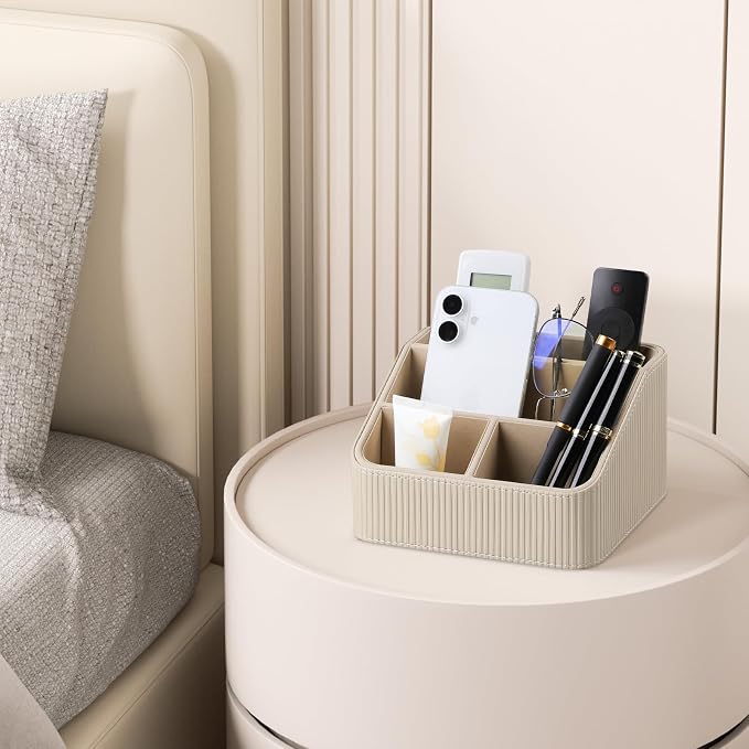 Remote Control Holder with 4 Compartments, PU Leather Small Nightstand Organizer - Image 5