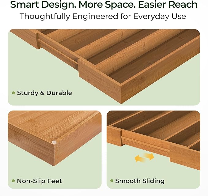Carbonized Bamboo Kitchen Drawer Organizer, 5 Slots Expandable Silverware - Image 5