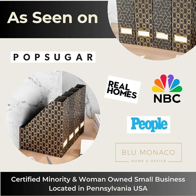 BLU MONACO | Set of 4 Black & Gold Geometric Magazine File Holders - Image 3