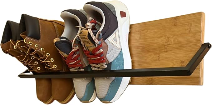 Wall Mounted Shoe Rack Scandinavian Bamboo & Metal Shoe Storage, Space-Saving by Unknown