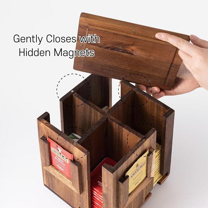 Rotating Tea Bag Organizer – Acacia Wood 4-Sided Storage Box - Image 5