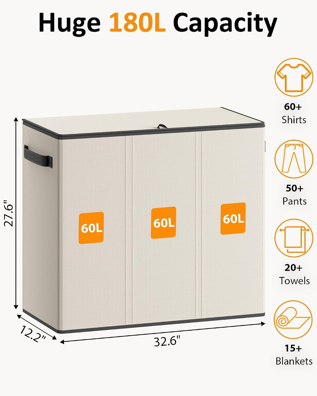 Optish 180L Laundry Hamper 3 Section, Large Hamper with Mesh Bags &