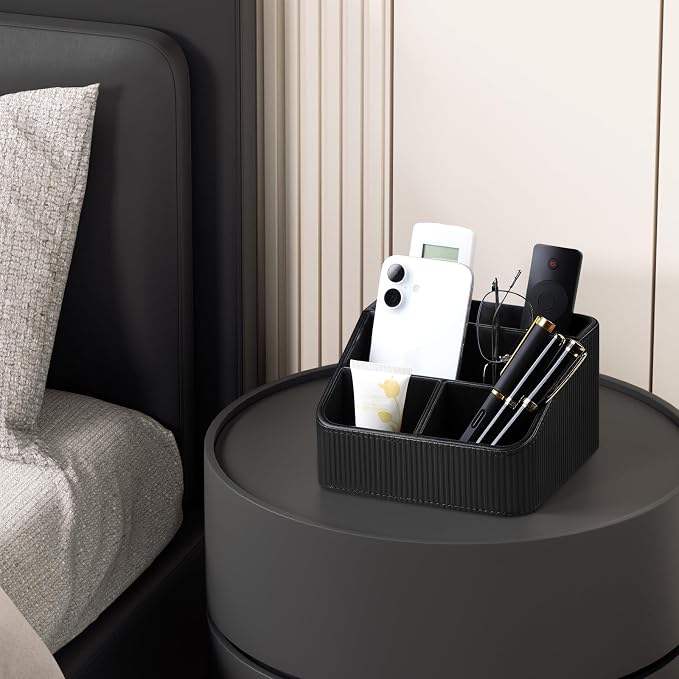 Remote Control Holder with 4 Compartments, PU Leather Small Nightstand Organizer - Image 5
