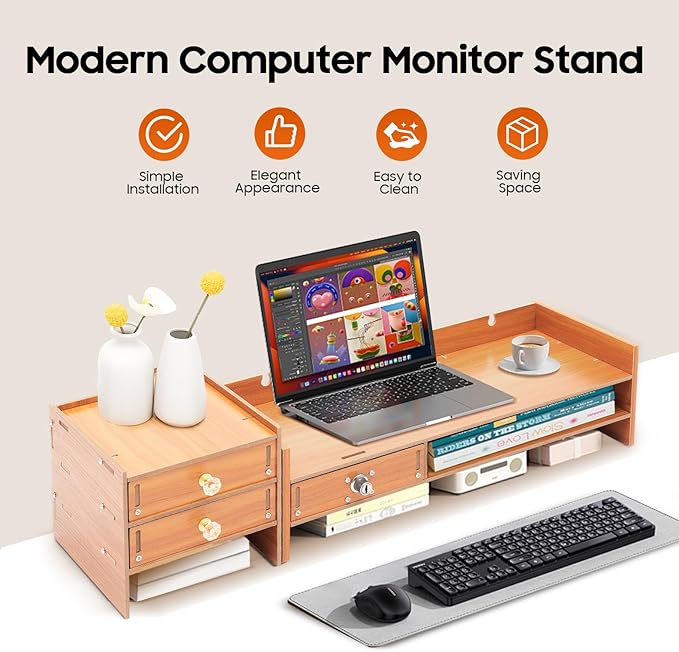 Wood Monitor Stand With Drawers, Desk Organizer With Lockable Drawer & Phone - Image 5