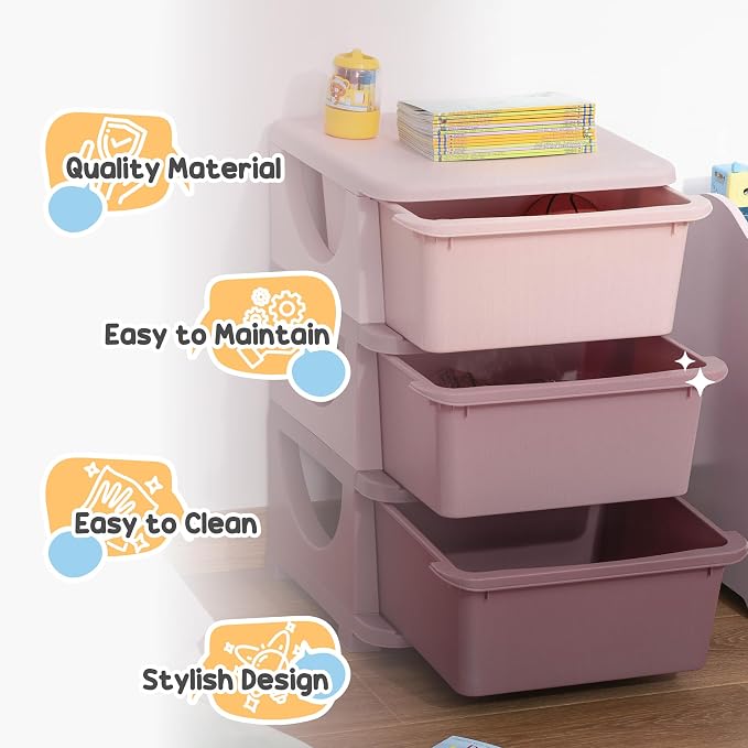 Qaba 3 Tier Kids Storage Unit, 3 Drawer Chest Toy Organizer Plastic Bins - Image 7