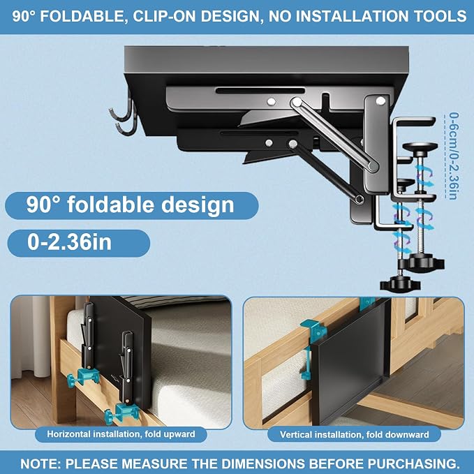 Foldable Bedside Shelf Metal, Clip-On Nightstand - Image 4
