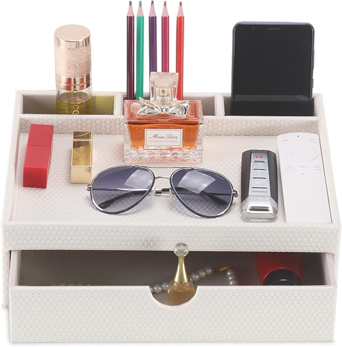 Leather Desk Organizer With Drawers, Home Cosmetics & Phone Remote Organizer - Image 3