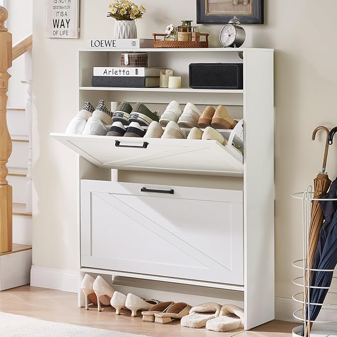 Shoe Storage Cabinet with 2 Flip Drawers, Farmhouse Narrow Shoe Organizer with by RWYHG