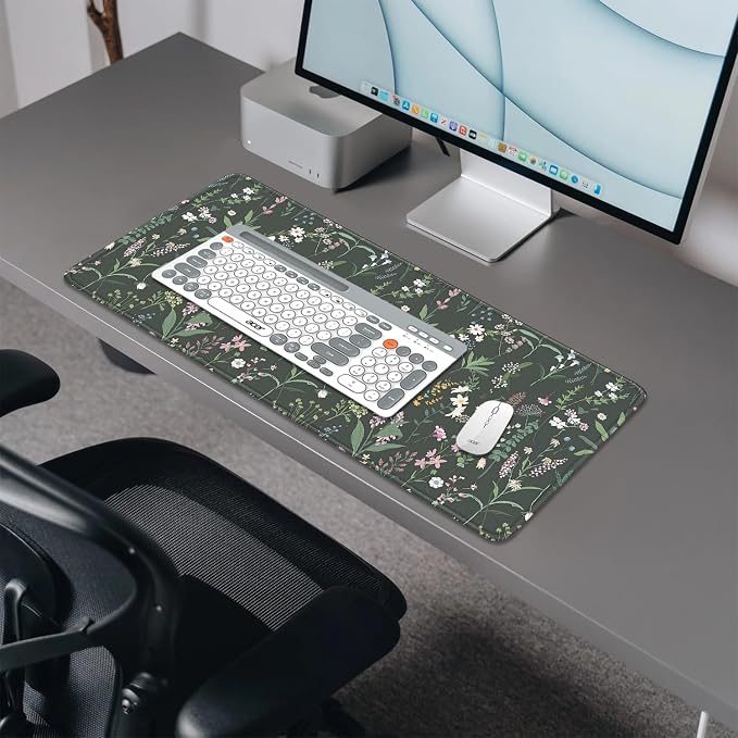 Green Plant Floral Mouse Pad, Large Flowers Mousepad Desk Pad - Image 4