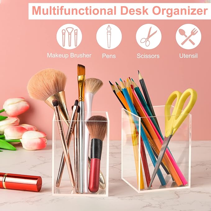 Mototo 2 Pieces Clear Acrylic Pen Holder & Pencil Cup Clear Makeup Bush Holder - Image 3