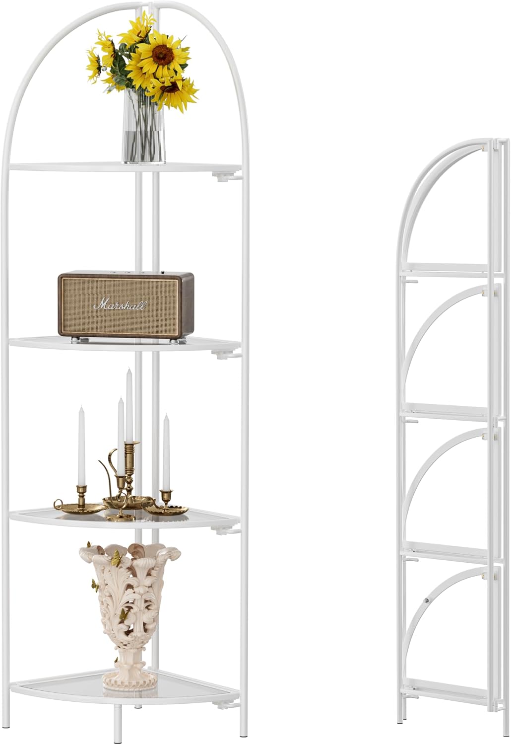 4-Tier Foldable Corner Shelf, Metal White Frame & Transparent Shelves