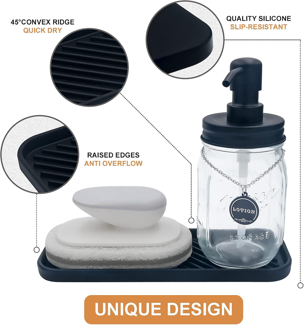 Silicone Organizer Tray, Soap and Sponge Holder for Kitchen Sink