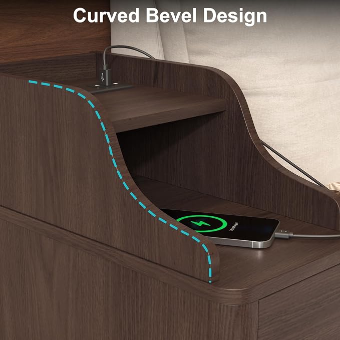 Narrow Nightstand with Drawers, Wood Night Stand with Charger Station, Narrow - Image 7