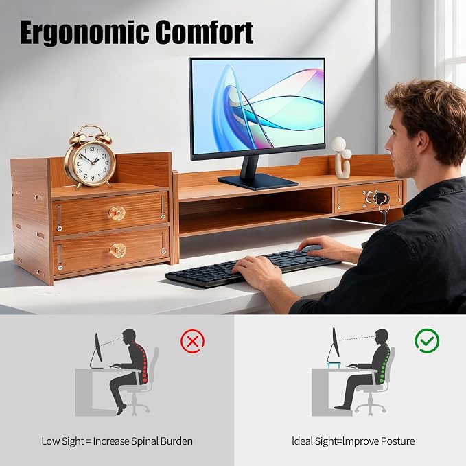 Wood Monitor Stand Riser with 3 Drawers & Lockable Storage – Desktop Organizer - Image 2