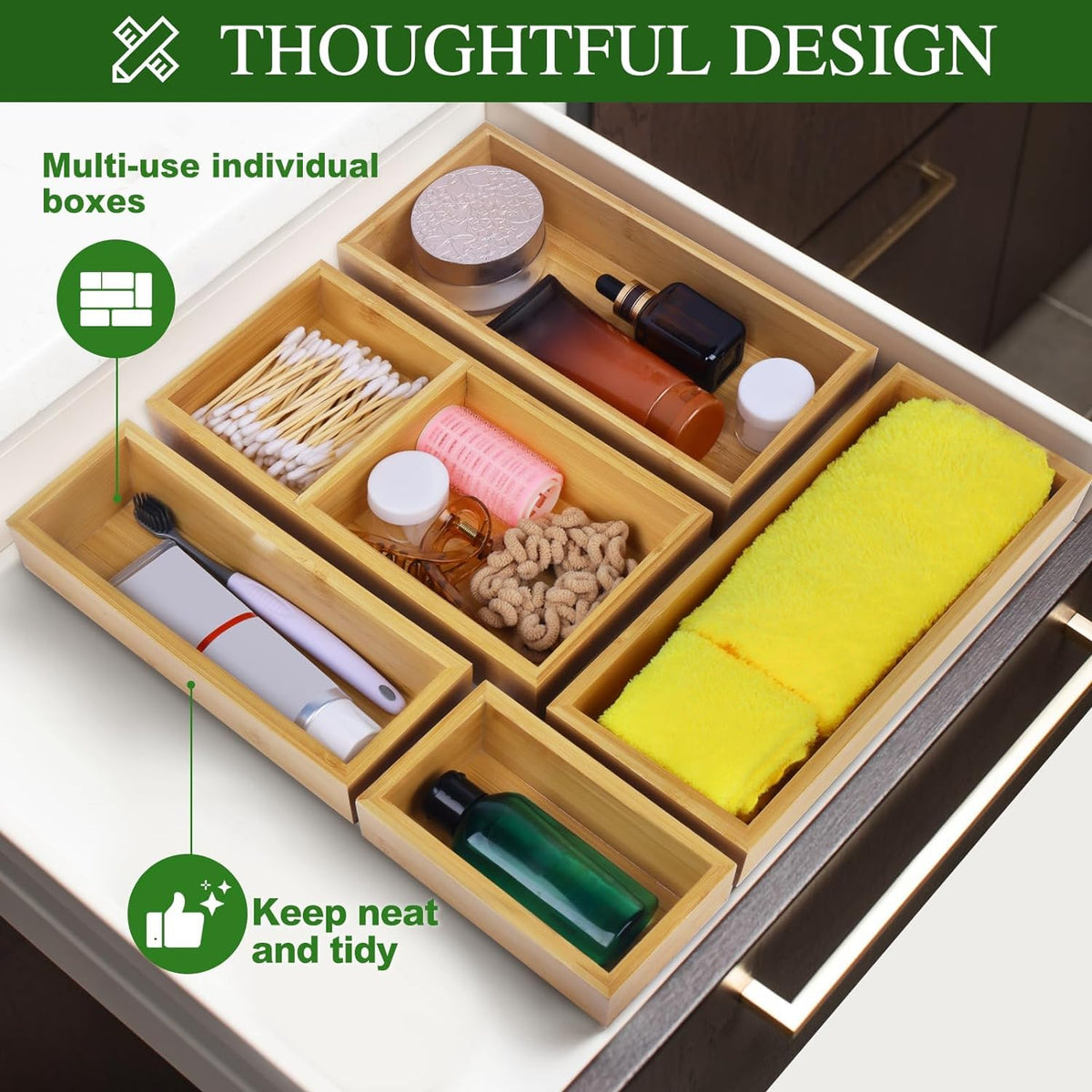 Bamboo Drawer Organizer Set, Individual Wood Storage Organizers