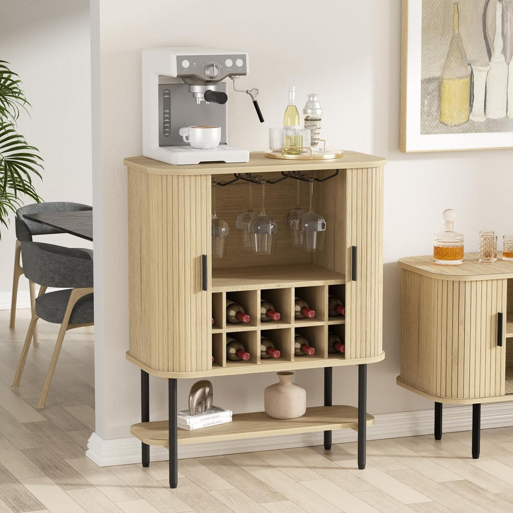 Coffee Bar Cabinet with Storage, Fluted Wine Cabinet with Sliding