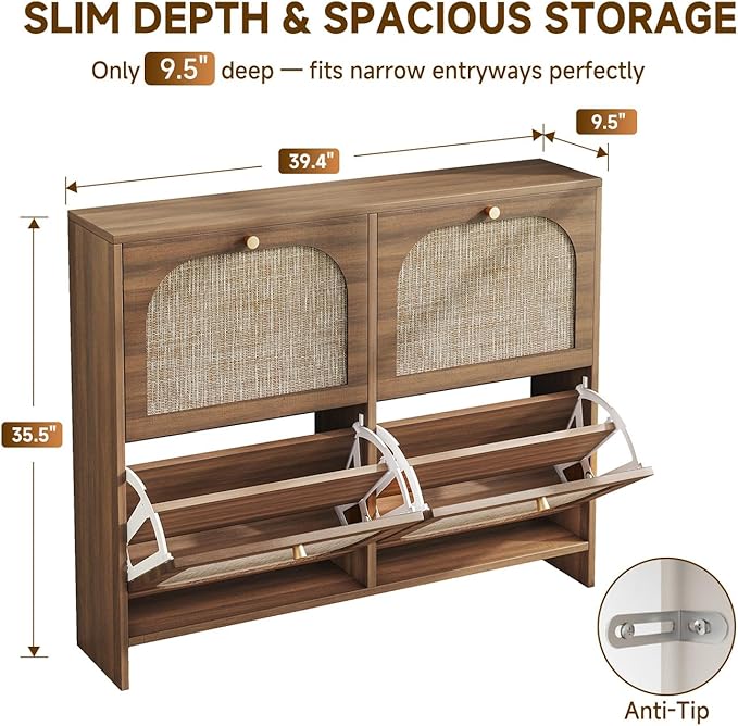 Nicetree Freestanding Ultra Slim Arched Rattan Accent Shoe Storage Cabinet - Image 2
