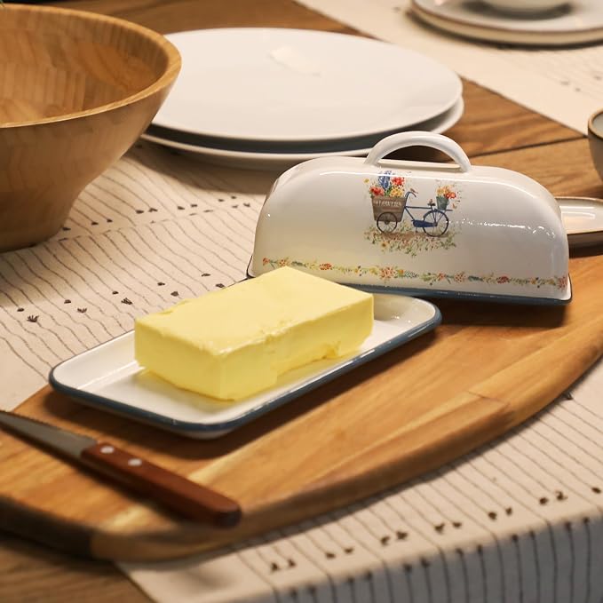 Enamel Butter Dish with Lid Vintage Enamelware Butter Keeper with Flower and - Image 3