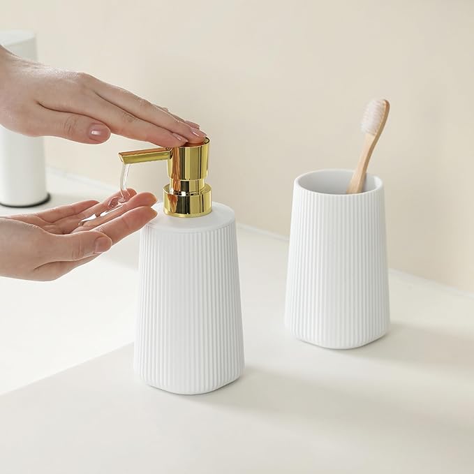 Bathroom Accessories 2 Piece Soap Dispenser and Toothbrush Holder Set Striped - Image 2