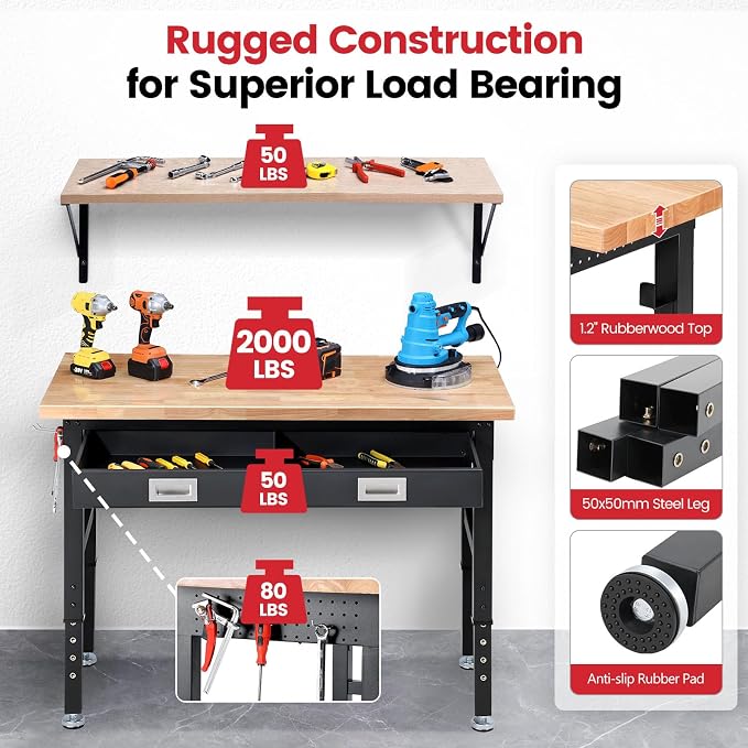 Workbench with Shelf Bracket 48 Inch Adjustable Height Work Bench - Image 2