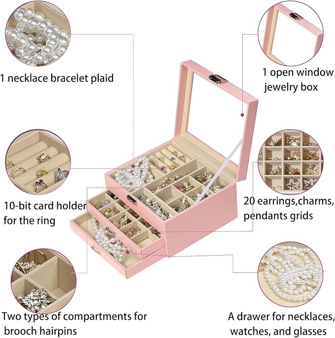 BOOVO Clear Lid Jewelry Box, 3 Layers Jewelry Organizer Large Multi-Functional - Image 3
