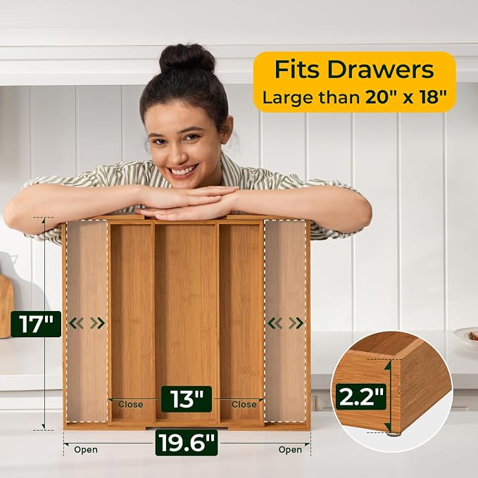 Carbonized Bamboo Kitchen Drawer Organizer, 5 Slots Expandable Silverware - Image 2