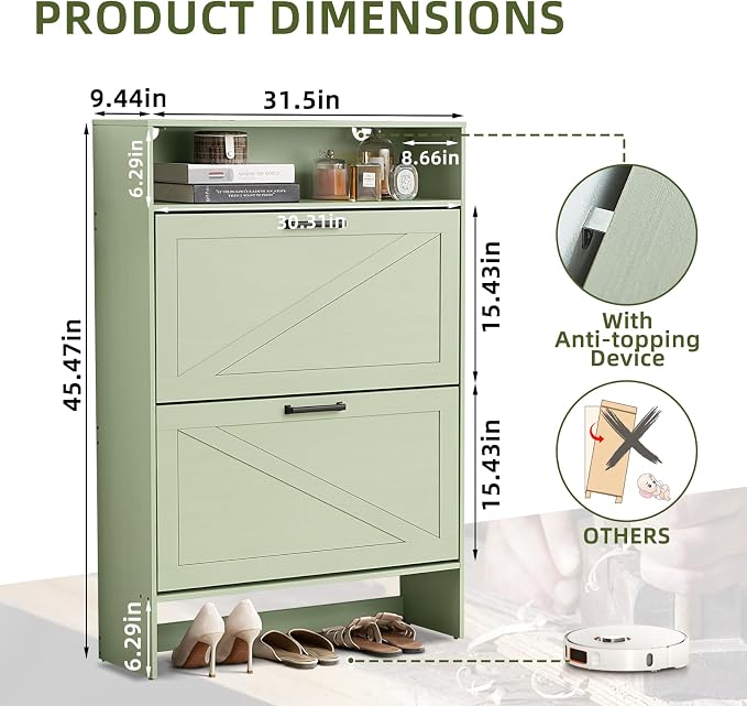 Shoe Storage Cabinet with 2 Flip Drawers, Farmhouse Shoe Organizer with Legs - Image 2
